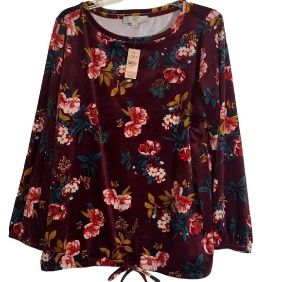 🌸 2/$25 NWT Maroon Red Loft Plus Floral Velour Crewneck Pullover Top - Picture 4 of 8